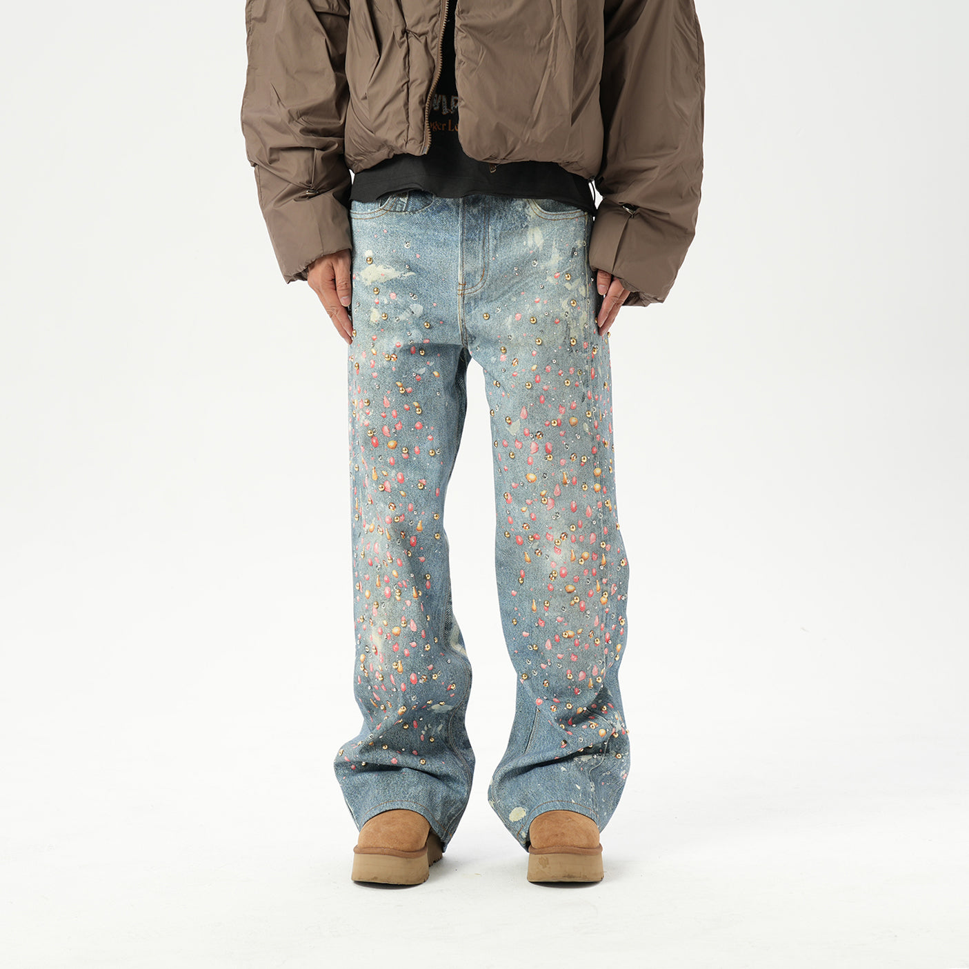 American retro AC style 3D digital printing old rivet drilling casual loose straight jeans men