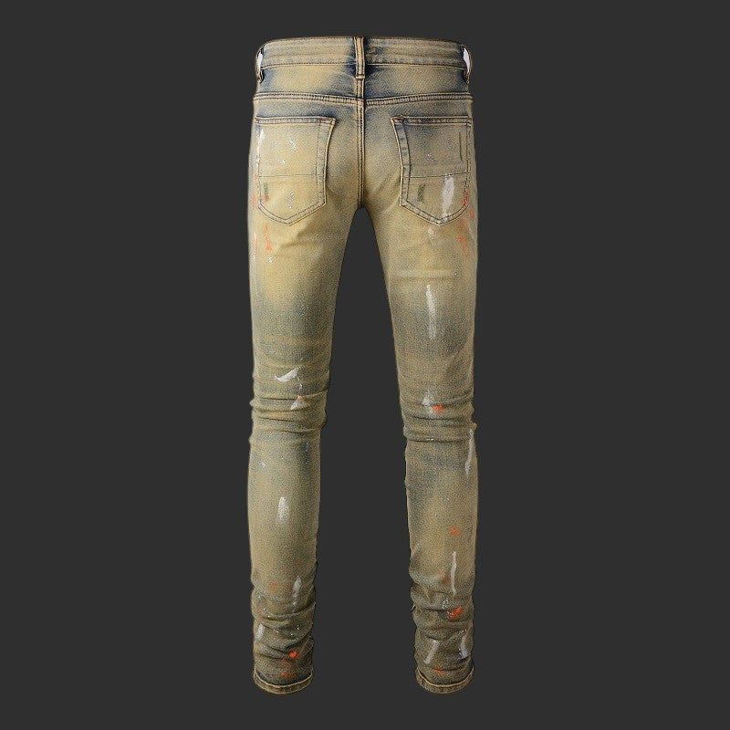 Distressed Paint Splatter Skinny Jeans Men Ripped Vintage Streetwear Denim | FlipFit