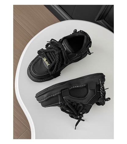 Thick-Soled Black Braided Sports Sneakers