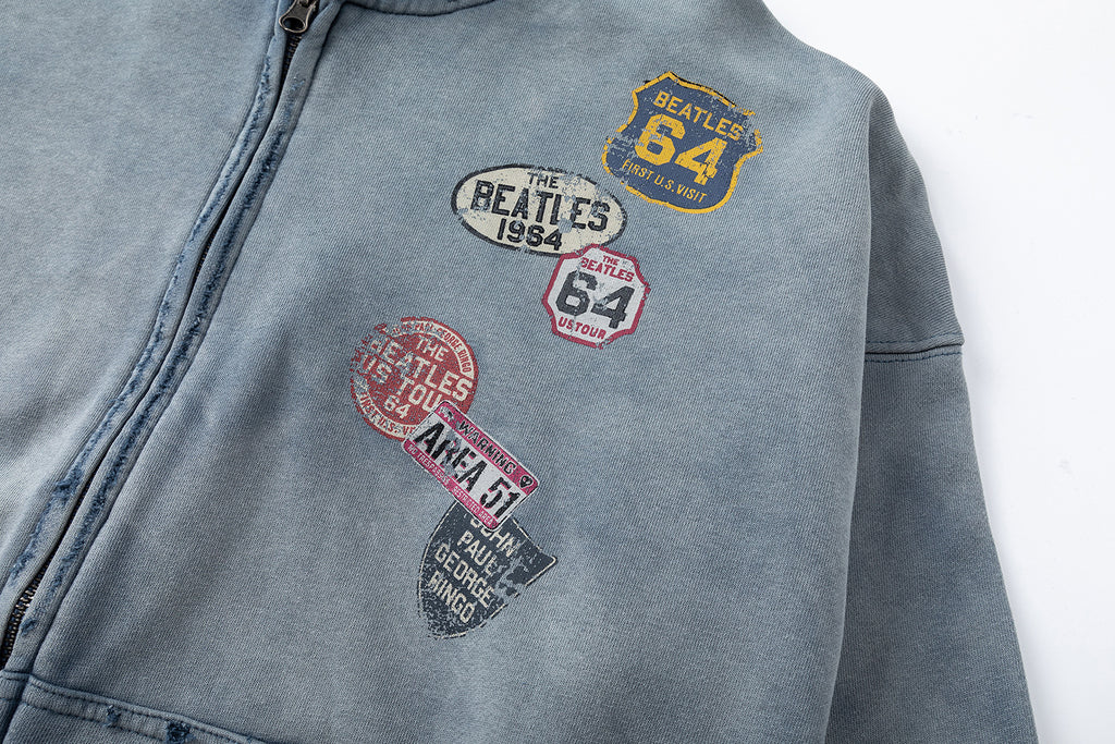 27362 American-style trendy washed distressed print short wide men's hooded cardigan sweatshirt jacket 148