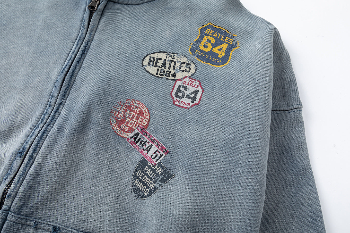 27362 American-style trendy washed distressed print short wide men's hooded cardigan sweatshirt jacket 148