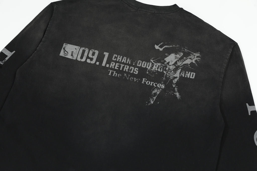 Eon Modish 2025 Spring New Arrival: American Retro Street Style Loose-fitting Distressed Long-Sleeve T-Shirt (Real Shot) 137