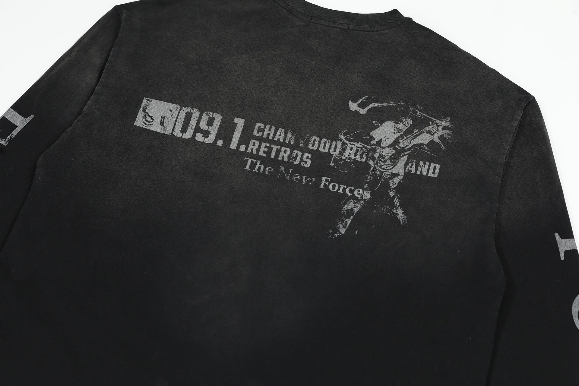 Eon Modish 2025 Spring New Arrival: American Retro Street Style Loose-fitting Distressed Long-Sleeve T-Shirt (Real Shot) 137