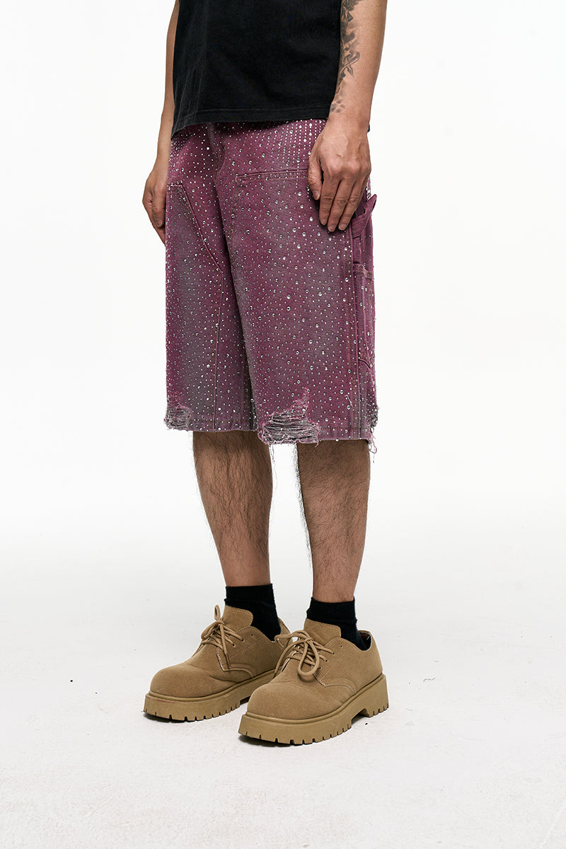 CWHAT American Retro VIBE Style Rhinestone Frayed Edge Men's Hip Hop Cropped Denim Shorts with Rhinestone Foil Hem 153