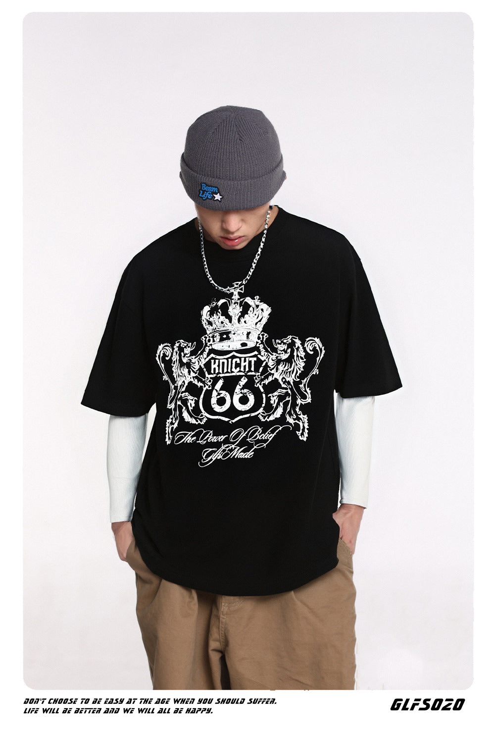 GLFS Subculture Crown Faux Two-Piece Couple Top Long Sleeve Trendy Streetwear Men's Sports Base Layer Autumn Sweatshirt 130