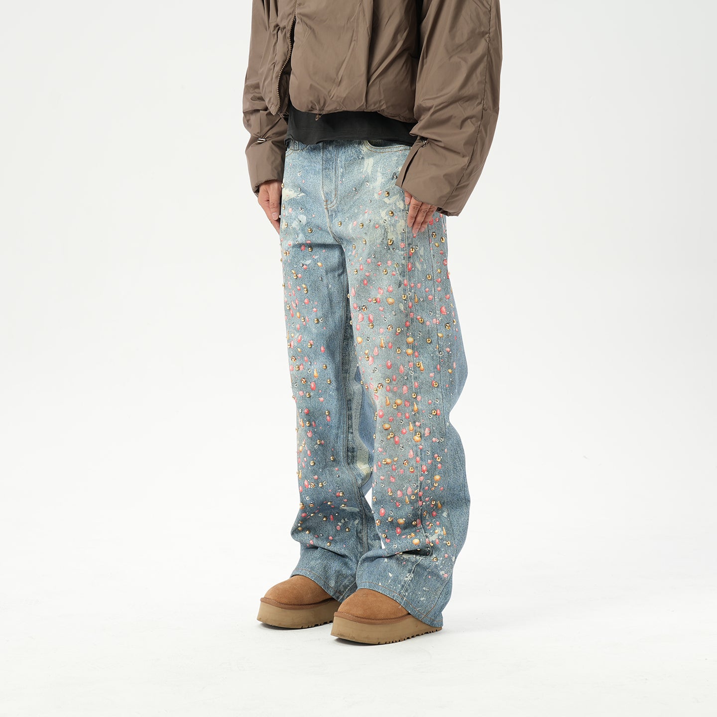 American retro AC style 3D digital printing old rivet drilling casual loose straight jeans men