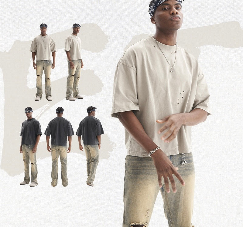 Retro-style solid cropped color men's T-shirt, high-quality heavyweight short-sleeved men's T-shirt, American street style, 100% cotton loose fit 110