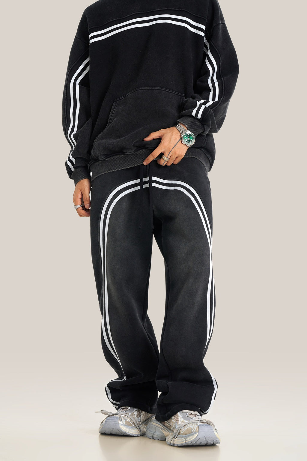 European and American High Street Spray Maliu Color Contrast Ribbon  oversize Sweatpants 108