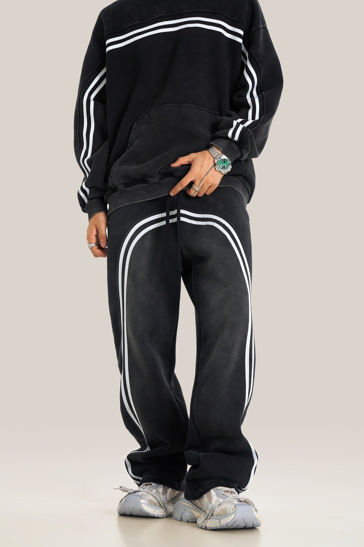 European and American High Street Spray Maliu Color Contrast Ribbon  oversize Sweatpants 108