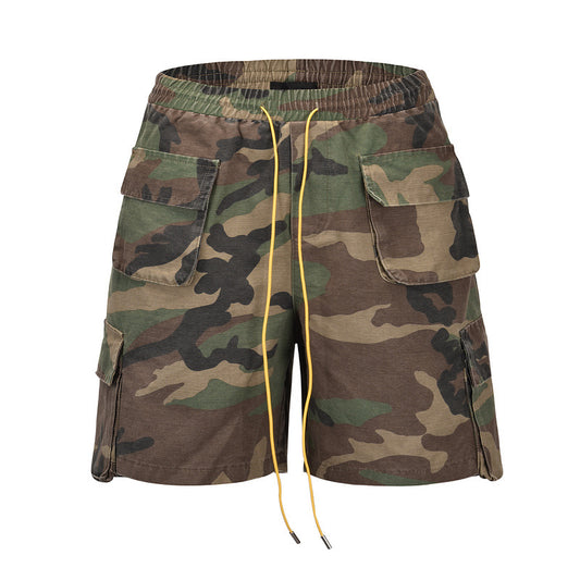 Woodland Camo Cargo Shorts - Front View - Yellow Drawstring - FlipFit