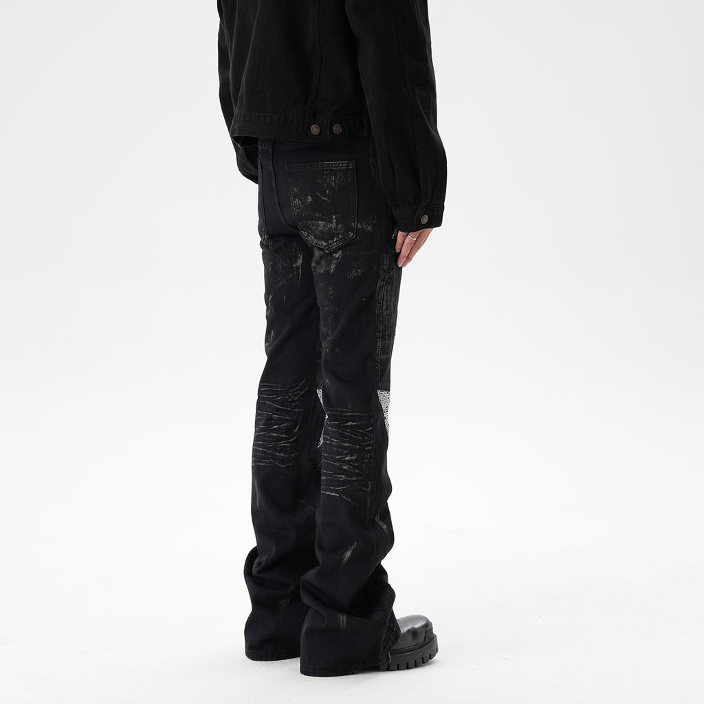 CWHAT American-style high street stitching three-dimensional tailoring deconstruction five-pointed star hot drilling brush dirty slim Micro-jeans men