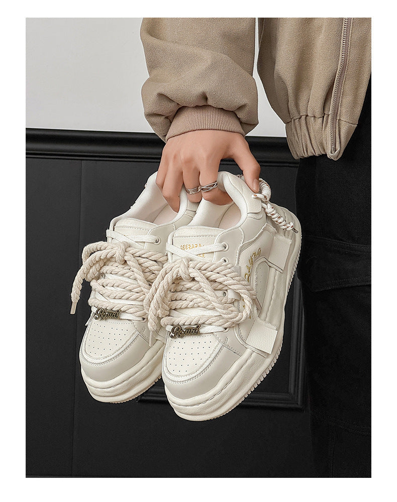 Thick-Soled Black Braided Sports Sneakers