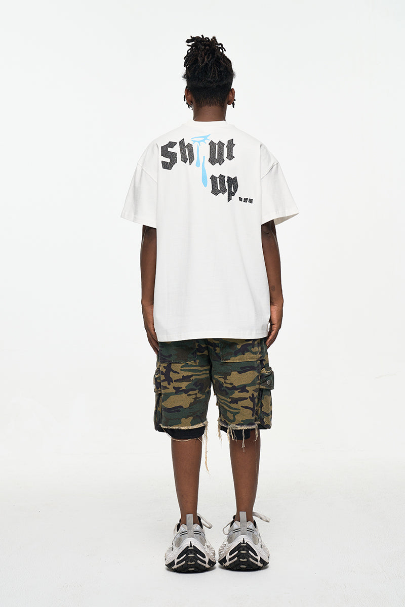 High Street washed rough edge distressed double layer retro tooling pocket fashion camouflage shorts summer pants men's