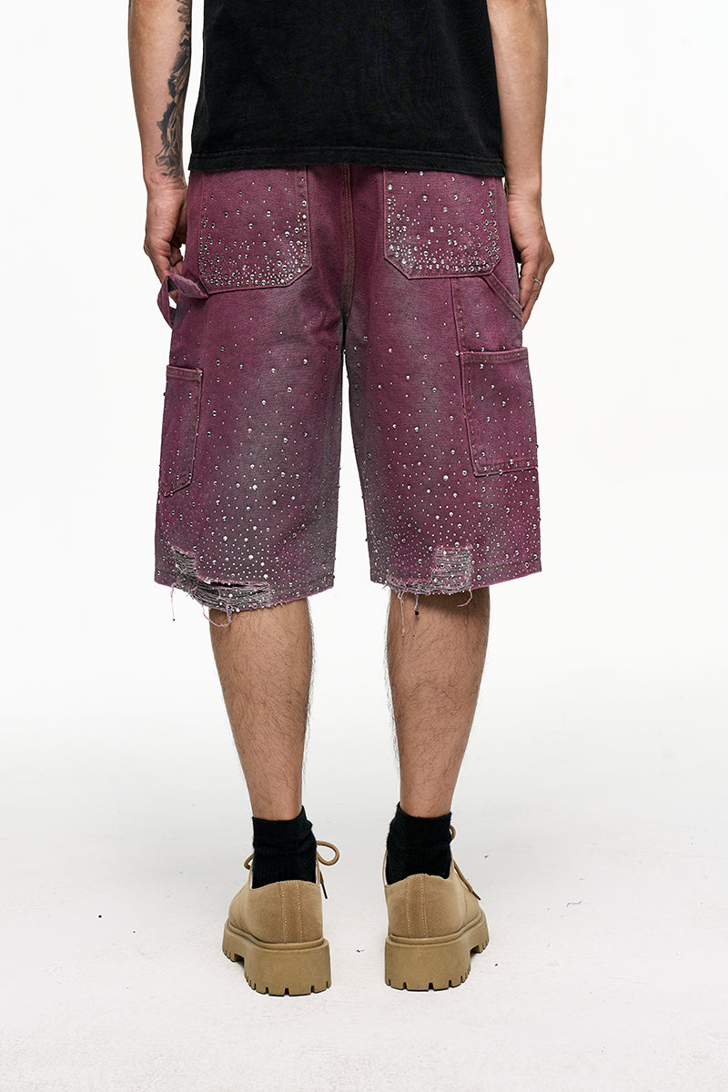 CWHAT American Retro VIBE Style Rhinestone Frayed Edge Men's Hip Hop Cropped Denim Shorts with Rhinestone Foil Hem 153