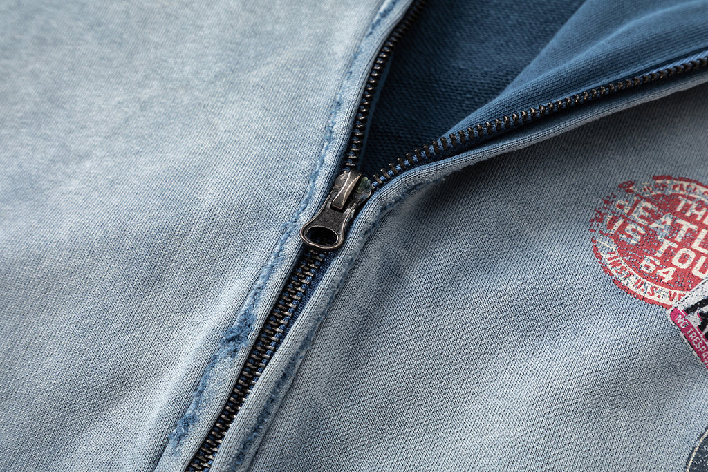 27362 American-style trendy washed distressed print short wide men's hooded cardigan sweatshirt jacket 148