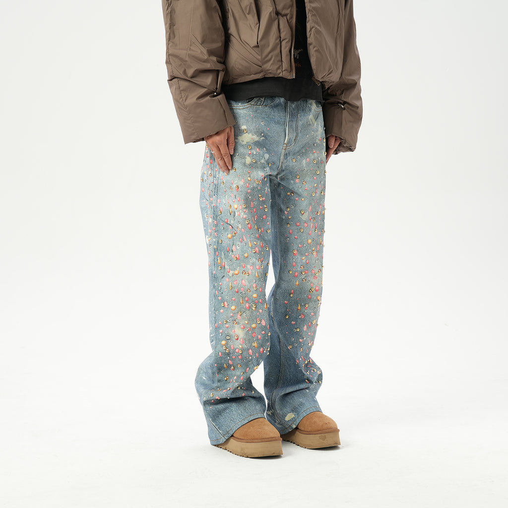 American retro AC style 3D digital printing old rivet drilling casual loose straight jeans men