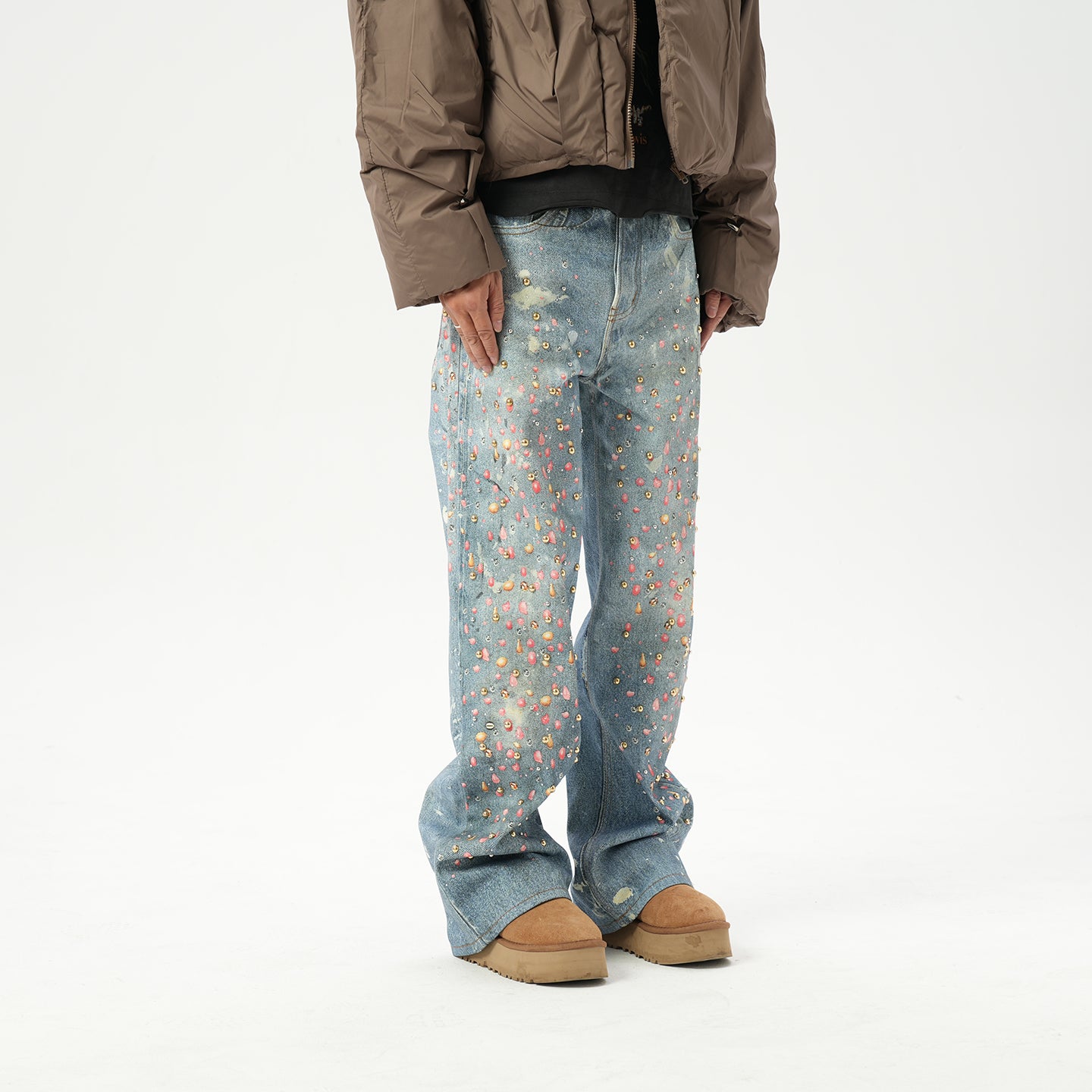 American retro AC style 3D digital printing old rivet drilling casual loose straight jeans men