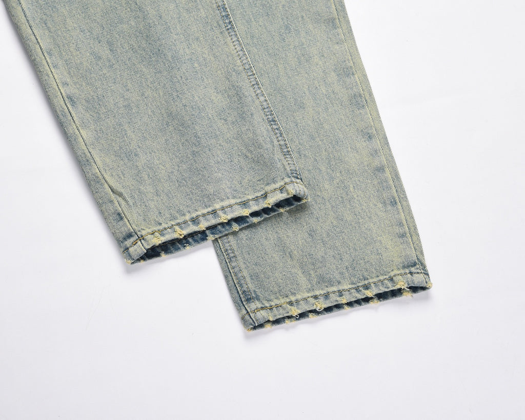 American Style High Street Washed Knife Cut Chain Pocket Hand-painted Splash Ink Retro Old Straight Jeans Trendy Jeans for Men and Women 115