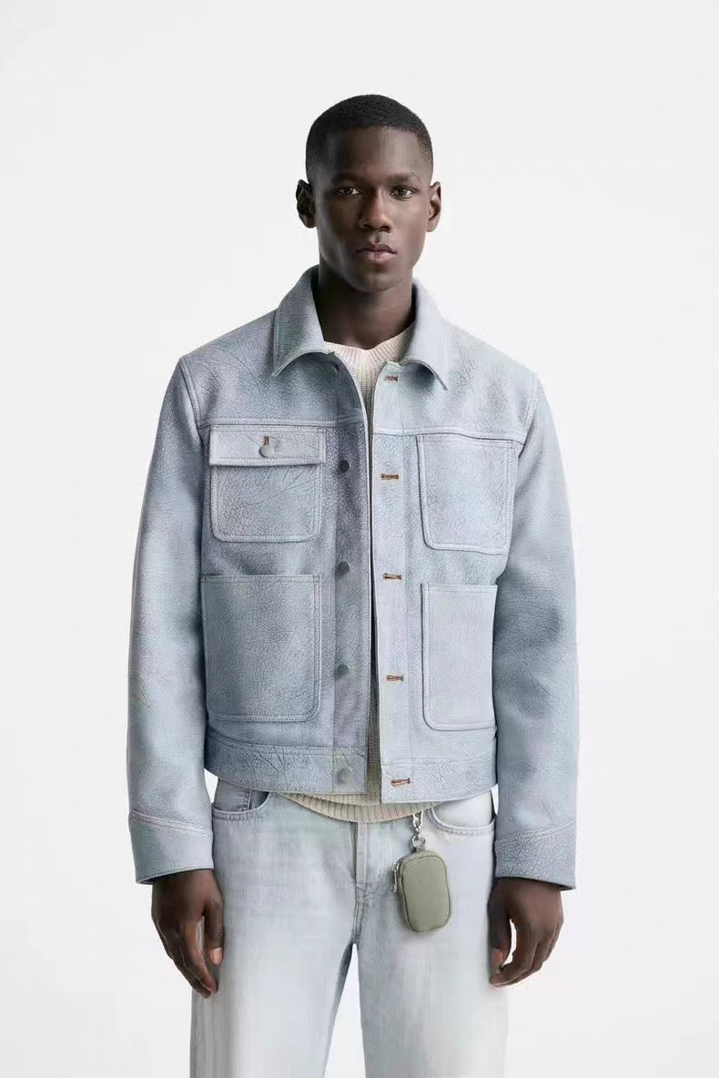 Men's Spring/Autumn Denim-Style Buffalo Leather Long-Sleeved Jacket, Men's Leather Jacket 113