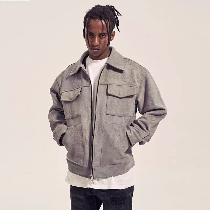 High Street Faux Double Pocket Trendy Retro Spring/Autumn Loose Zipper Casual Jacket Solid Color Coat for Men