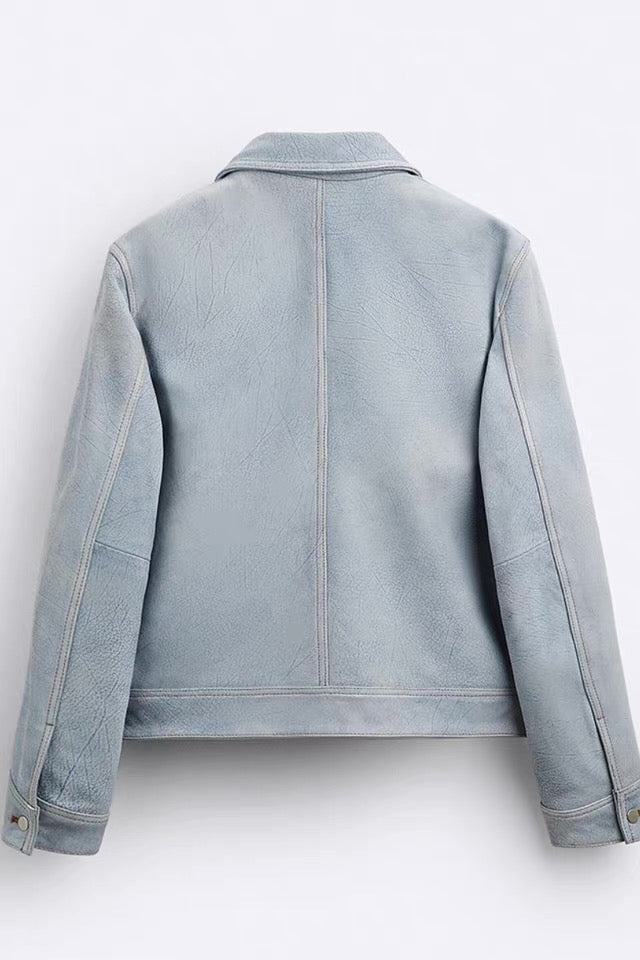 Men's Spring/Autumn Denim-Style Buffalo Leather Long-Sleeved Jacket, Men's Leather Jacket 113