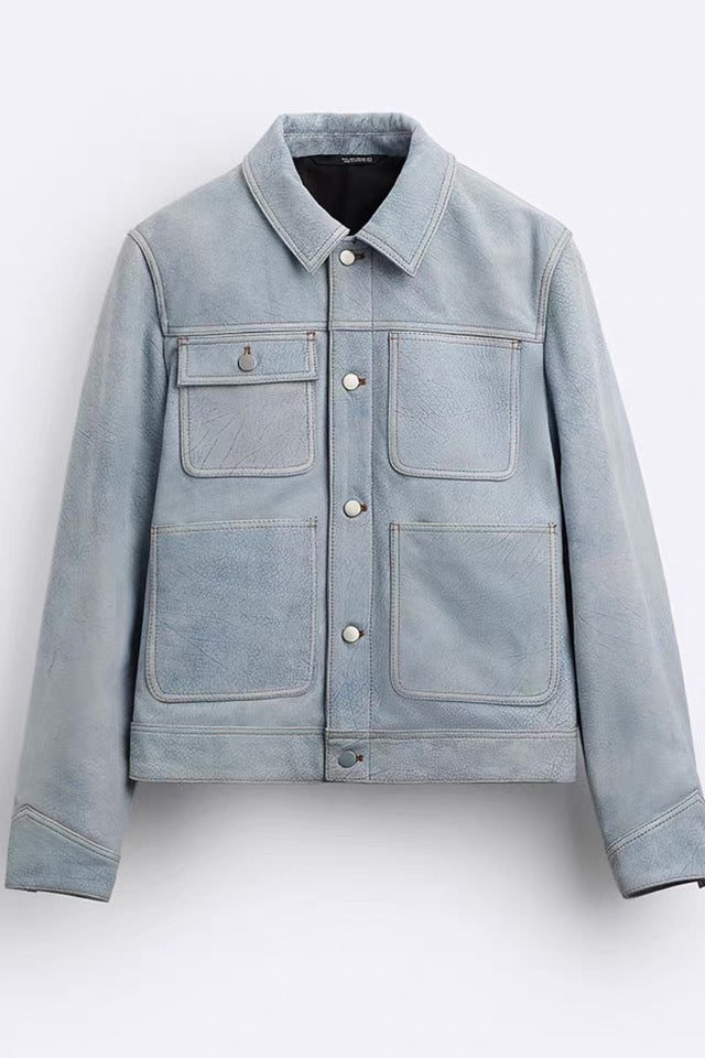 Men's Spring/Autumn Denim-Style Buffalo Leather Long-Sleeved Jacket, Men's Leather Jacket 113