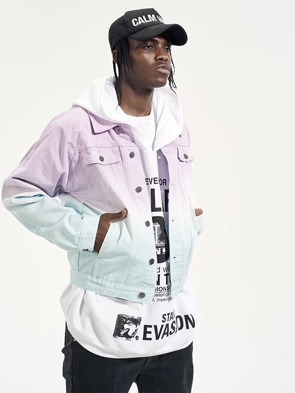 High-street oversized rainbow gradient Vibe style couple denim jacket trendy outerwear hip-hop men's style 116