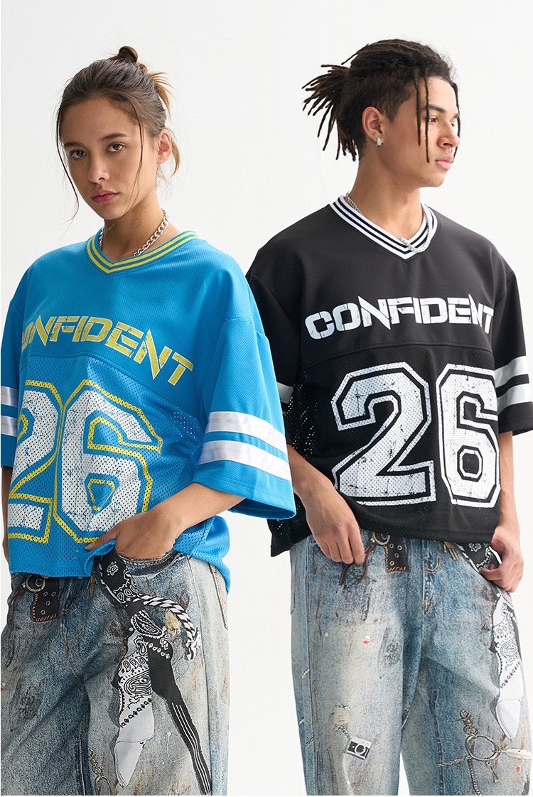 Men's Wear | Short-Sleeve, Wide-Leg American Retro Mesh Jersey/T-Shirt, High-Quality Trendy Color-Blocked Men's Short-Sleeve T-Shirt 103