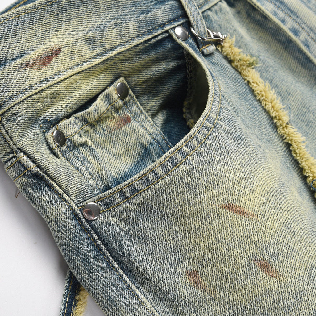 American Style High Street Washed Knife Cut Chain Pocket Hand-painted Splash Ink Retro Old Straight Jeans Trendy Jeans for Men and Women 115