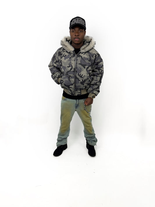 Relaxed fur collar bomber flight quilted hoodie