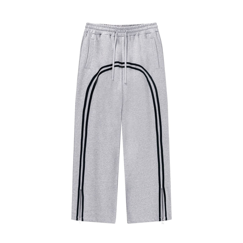 Autumn Street Style American Sporty Straight Leg Pants, Washed Striped Webbing Zipper Long Pants, Wide Leg Sweatpants for Men 105