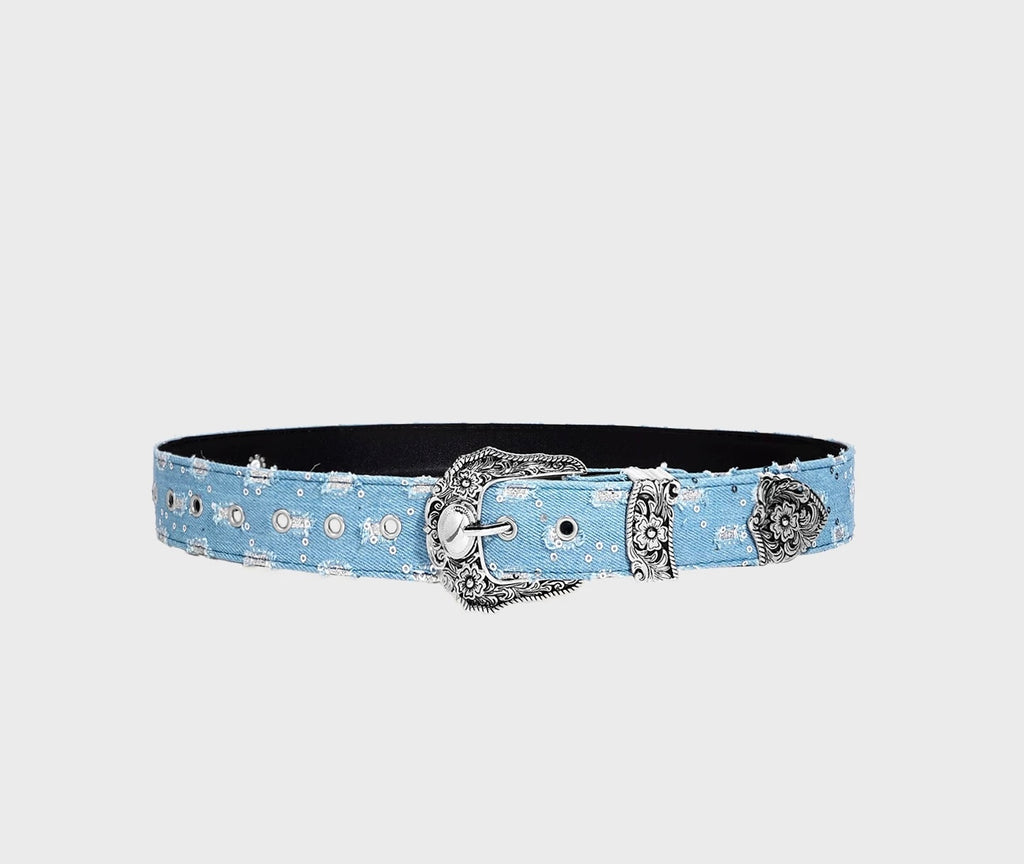 Original Distressed Denim Belt for Men and Women with Carved Buckle, Y2K Niche Design Trendy Leather Belt 114