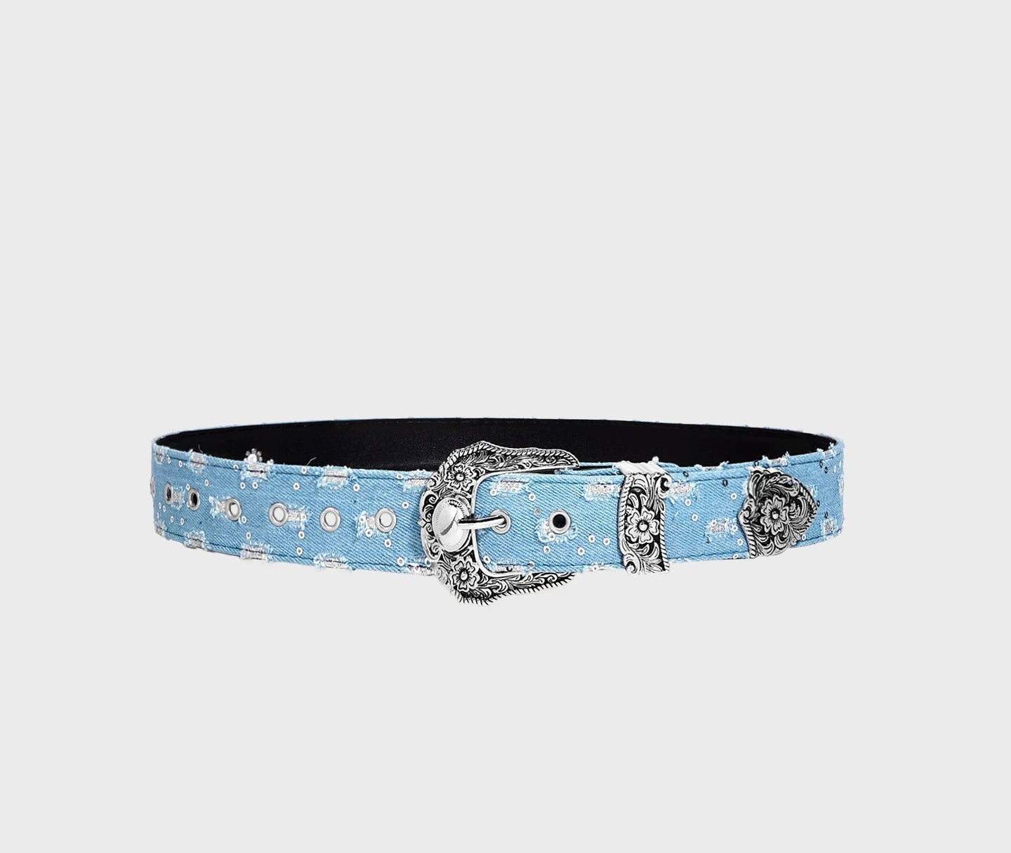 Original Distressed Denim Belt for Men and Women with Carved Buckle, Y2K Niche Design Trendy Leather Belt 114