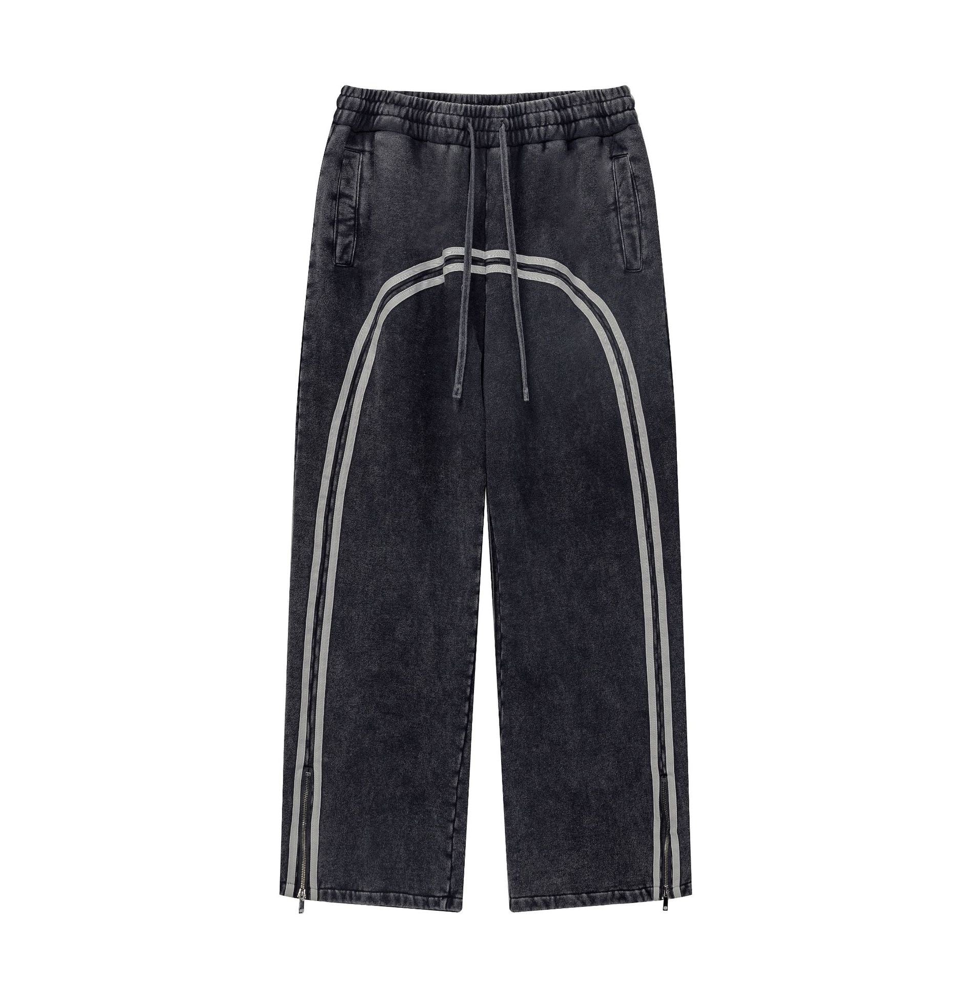 Autumn Street Style American Sporty Straight Leg Pants, Washed Striped Webbing Zipper Long Pants, Wide Leg Sweatpants for Men 105