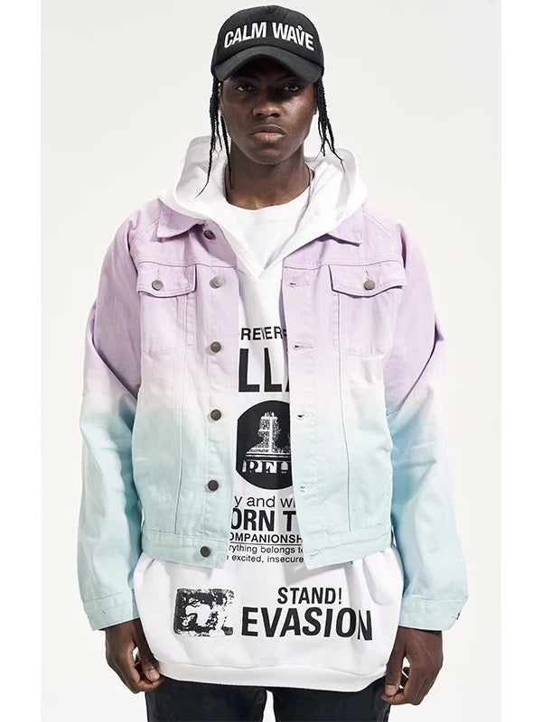 High-street oversized rainbow gradient Vibe style couple denim jacket trendy outerwear hip-hop men's style 116