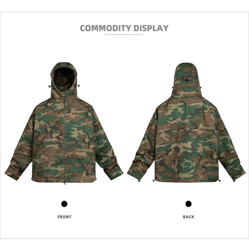 High Street American Retro Military Style Zip-Up Camouflage Hooded Windbreaker, Spring and Autumn Oversized Vibe Jacket for Men 117