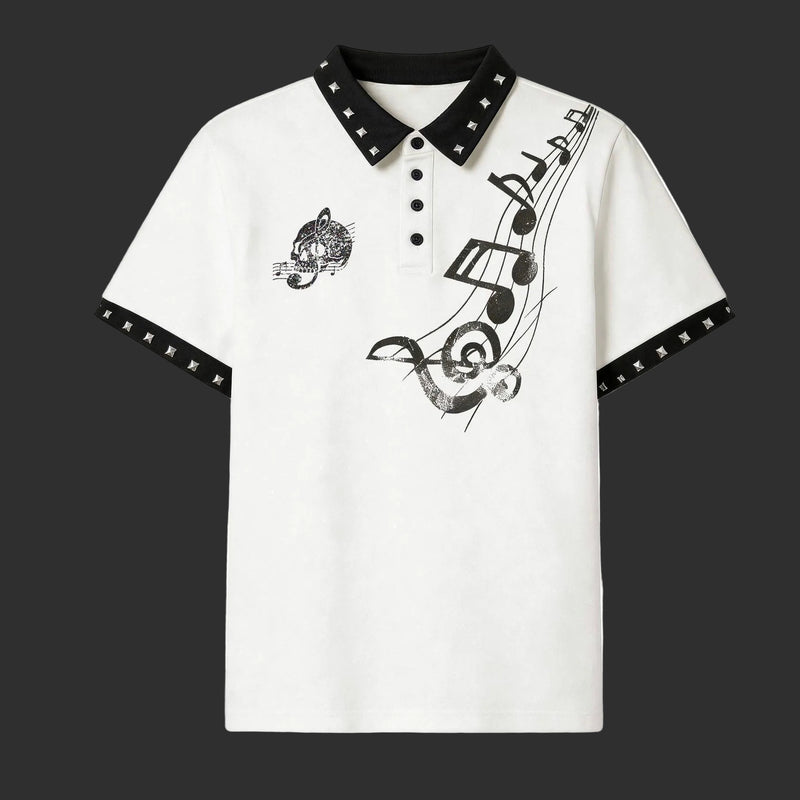 Music Note Polo Shirt White - Studded Collar Rock | FlipFit