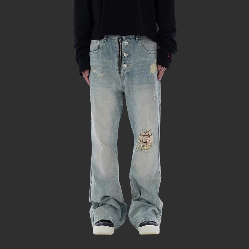 LIGHT BLUE WASHED RIPPED WIDE LEG JEANS DESTROYED BAGGY STREETWEAR DENIM | FLIPFIT