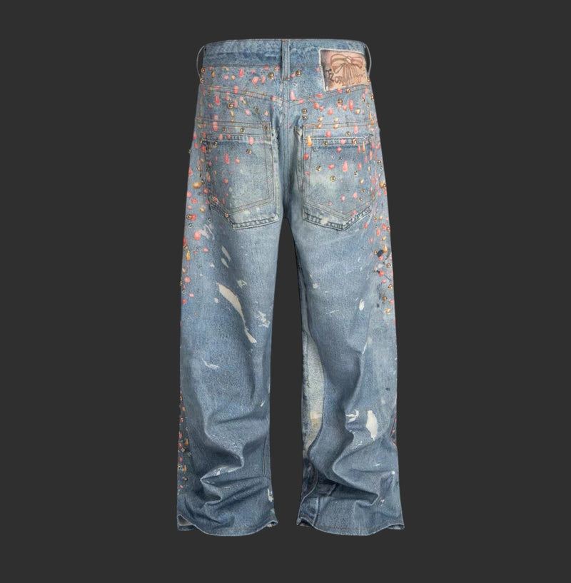 LIGHT BLUE STUDDED RHINESTONE WIDE LEG JEANS DISTRESSED PAINT SPLATTER DENIM | FLIPFIT