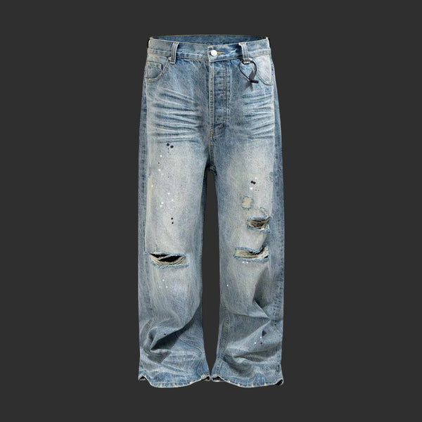 LIGHT BLUE WASHED RIPPED WIDE LEG JEANS PAINT SPLATTER BAGGY DENIM | FLIPFIT