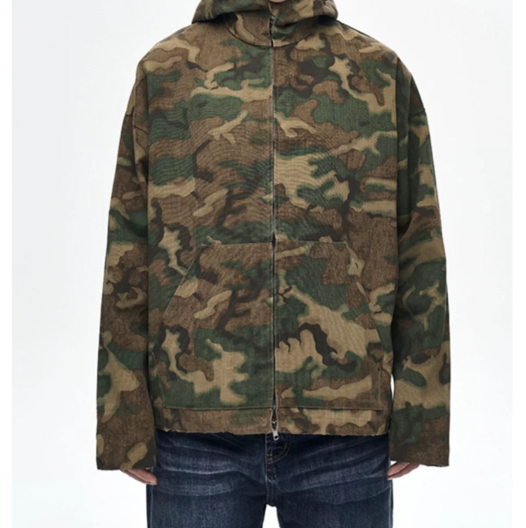 High Street American Retro Military Style Zip-Up Camouflage Hooded Windbreaker, Spring and Autumn Oversized Vibe Jacket for Men 117
