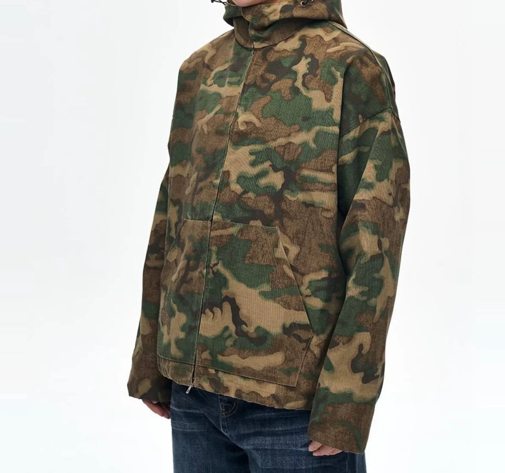 High Street American Retro Military Style Zip-Up Camouflage Hooded Windbreaker, Spring and Autumn Oversized Vibe Jacket for Men 117