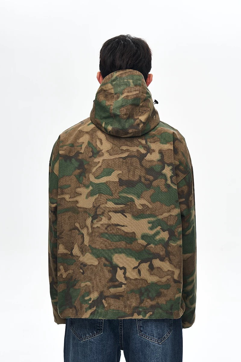 High Street American Retro Military Style Zip-Up Camouflage Hooded Windbreaker, Spring and Autumn Oversized Vibe Jacket for Men 117
