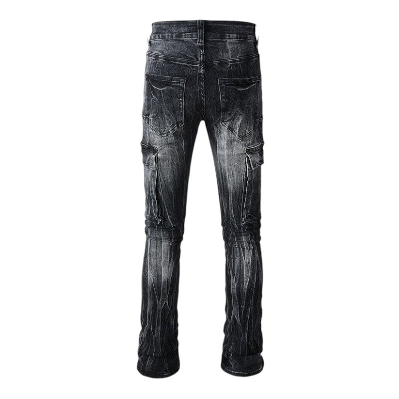 Black Washed Zip Cargo Denim Jeans