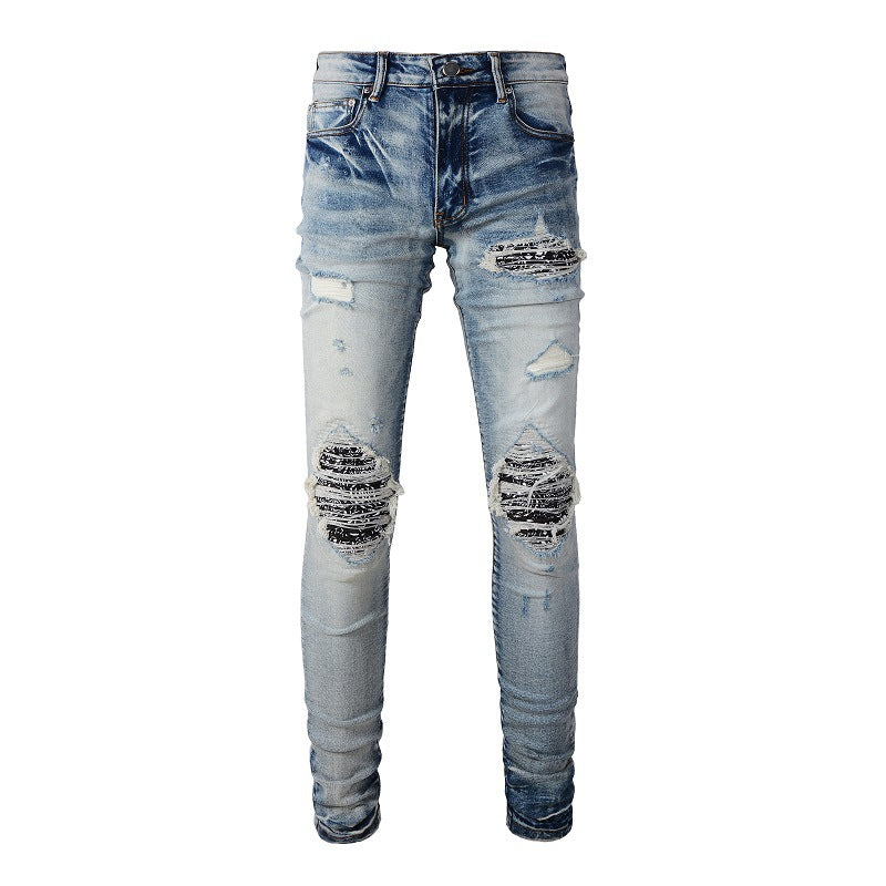 Striped Patch Distressed Skinny Jeans