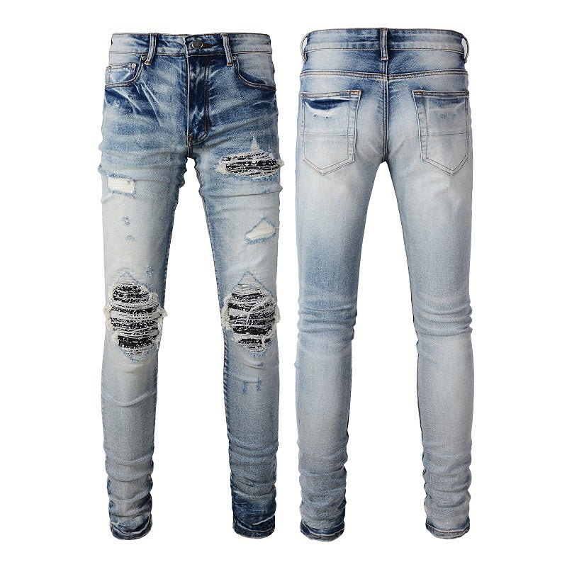 Striped Patch Distressed Skinny Jeans