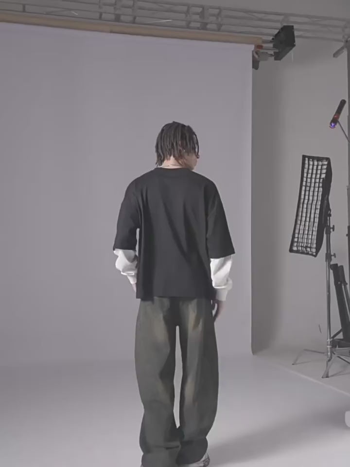 RS Men's Clothing | Cross-border Faux Two-Piece Color Block Long-Sleeve T-Shirt 280G Pure Cotton Short Wide Boxy American Style Patchwork Long-Sleeve T-Shirt 118