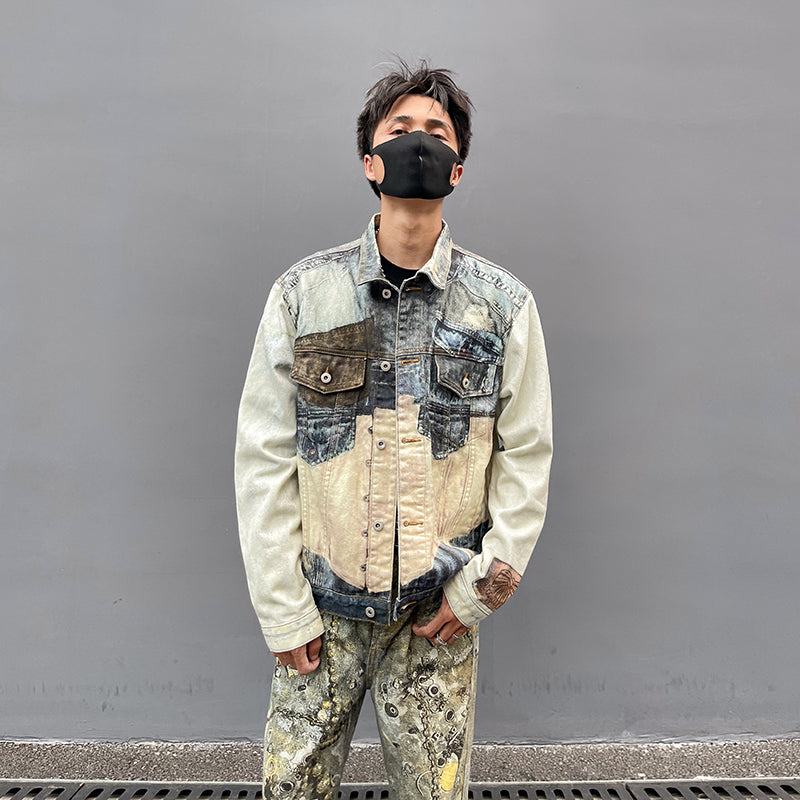 Heavy Single According to Pure Same Color Contrast Trendy Brand Denim Jacket for Men and Women Digital Printing Design Feeling Trendy Handsome Jacket 158