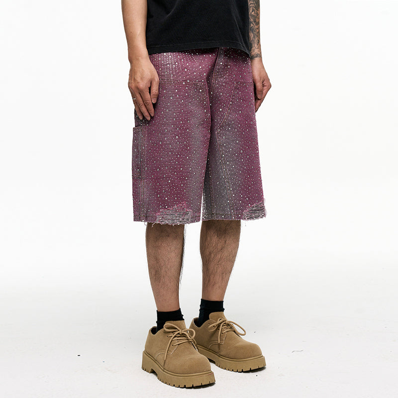 CWHAT American Retro VIBE Style Rhinestone Frayed Edge Men's Hip Hop Cropped Denim Shorts with Rhinestone Foil Hem 153