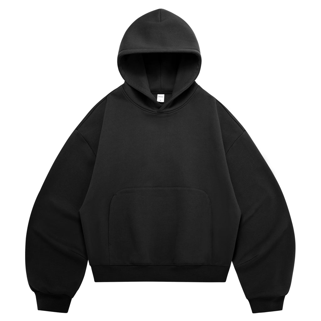 340G Heavyweight Fleece-Lined Hoodie with Curved Sleeves, Men's American Style, Cleanfit Short Solid Color Warm Hoodie 143